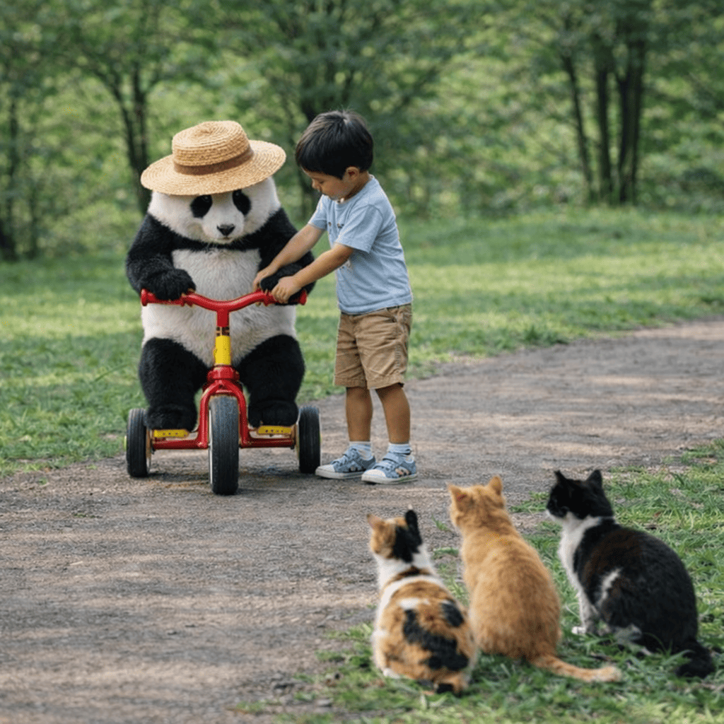 パンダ漕ぐ, 猫の観察, cats watching closely, A panda pedaling