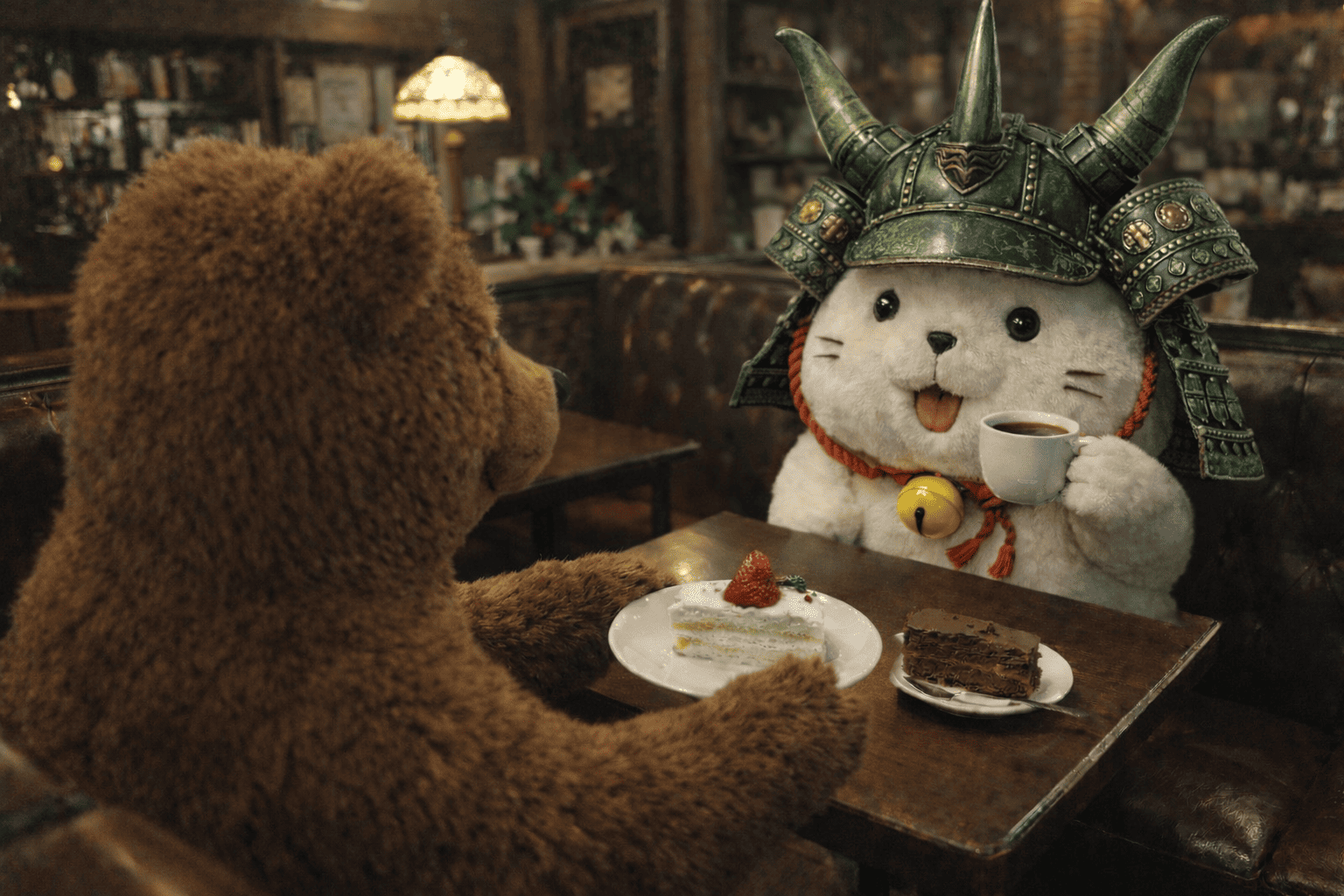 ひこにゃんもどきの猫、熊とケーキ｜a Hikonyan thing, a bear and a cat