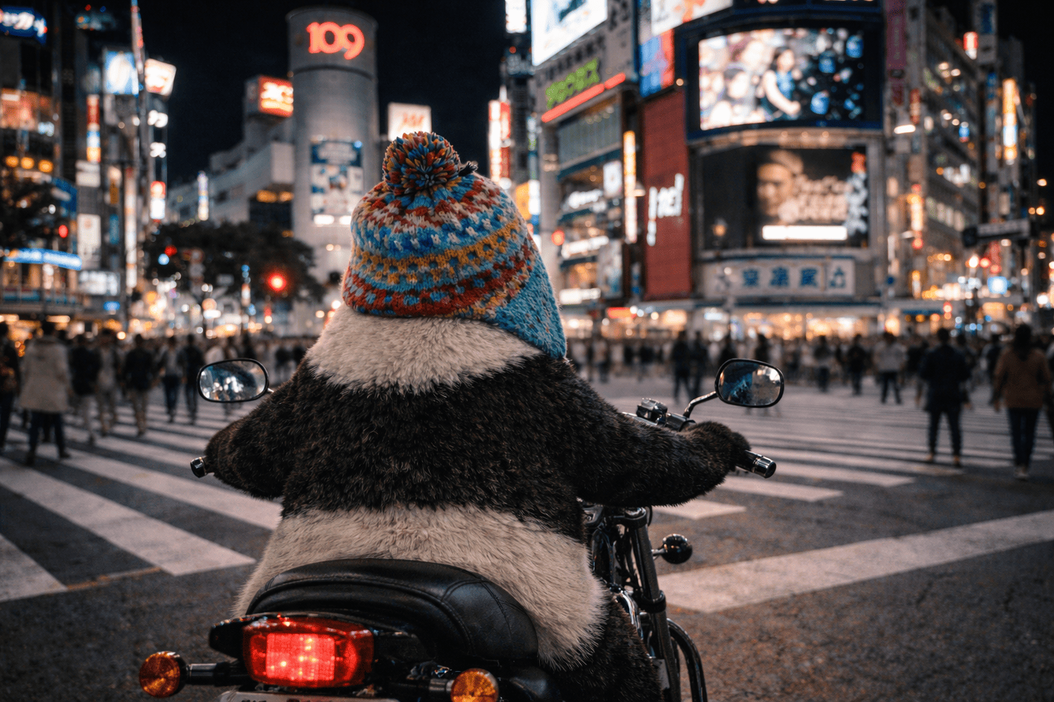 渋谷パンダ, バイクに乗るパンダ, Tokyo night and a panda riding a motorbike